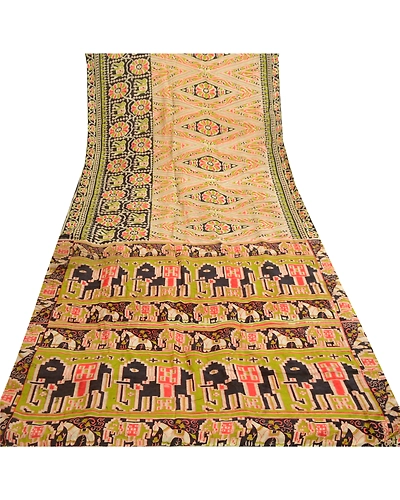 Sanskriti Vintage Sarees Animal Printed Cream Pure Silk Sari Soft Craft Fabric, PR-61472-Cream-Printed Floral Design-Pure Silk-7