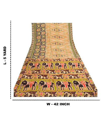 Sanskriti Vintage Sarees Animal Printed Cream Pure Silk Sari Soft Craft Fabric, PR-61472-Cream-Printed Floral Design-Pure Silk-8