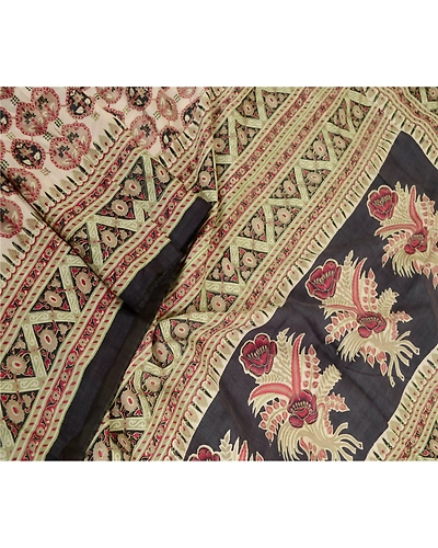 Sanskriti Vintage Sarees Pale Cream Pure Silk Printed Sari Floral Craft Fabric, PR-61474-Pale Cream-Printed Floral Design-Pure Silk-1