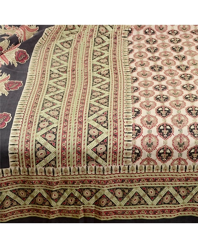 Sanskriti Vintage Sarees Pale Cream Pure Silk Printed Sari Floral Craft Fabric, PR-61474-Pale Cream-Printed Floral Design-Pure Silk-3