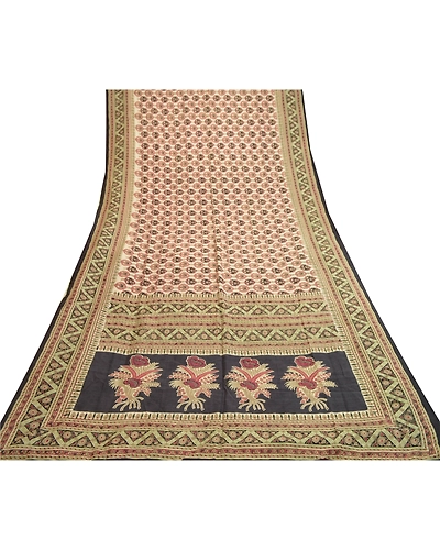Sanskriti Vintage Sarees Pale Cream Pure Silk Printed Sari Floral Craft Fabric, PR-61474-Pale Cream-Printed Floral Design-Pure Silk-7
