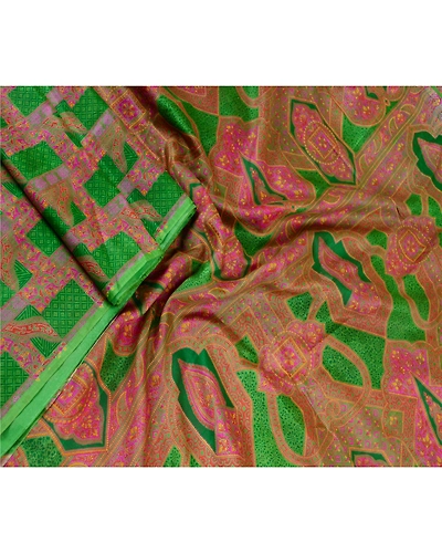 Sanskriti Vintage Sarees Green-Pink Pure Silk Printed Sari Soft 5Yd Craft Fabric, PR-61476-Green &amp; Pink-Printed Floral Design-Pure Silk-1