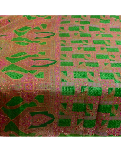 Sanskriti Vintage Sarees Green-Pink Pure Silk Printed Sari Soft 5Yd Craft Fabric, PR-61476-Green &amp; Pink-Printed Floral Design-Pure Silk-3