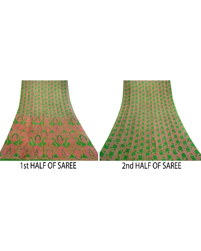 Sanskriti Vintage Sarees Green-Pink Pure Silk Printed Sari Soft 5Yd Craft Fabric, PR-61476-Green &amp; Pink-Printed Floral Design-Pure Silk-4