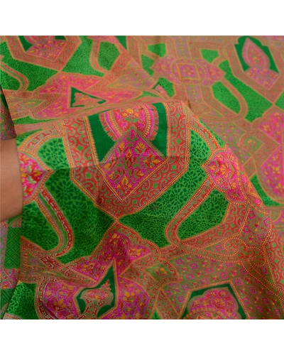 Sanskriti Vintage Sarees Green-Pink Pure Silk Printed Sari Soft 5Yd Craft Fabric, PR-61476-Green &amp; Pink-Printed Floral Design-Pure Silk-5