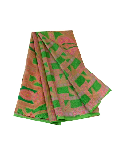 Sanskriti Vintage Sarees Green-Pink Pure Silk Printed Sari Soft 5Yd Craft Fabric, PR-61476-Green &amp; Pink-Printed Floral Design-Pure Silk-6