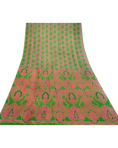 Sanskriti Vintage Sarees Green-Pink Pure Silk Printed Sari Soft 5Yd Craft Fabric, PR-61476-Green &amp; Pink-Printed Floral Design-Pure Silk-7