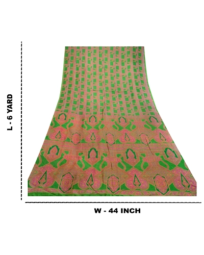 Sanskriti Vintage Sarees Green-Pink Pure Silk Printed Sari Soft 5Yd Craft Fabric, PR-61476-Green &amp; Pink-Printed Floral Design-Pure Silk-8