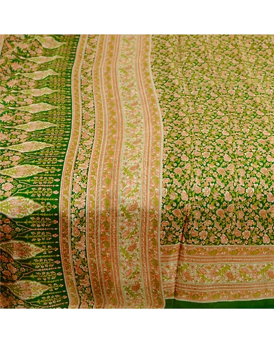 Sanskriti Vintage Sarees Green 100% Pure Silk Printed Sari Soft 5Yd Craft Fabric, PR-61479-Green-Printed Floral Design-Pure Silk-3