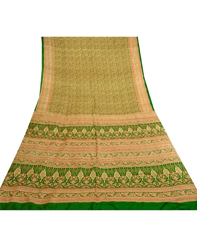Sanskriti Vintage Sarees Green 100% Pure Silk Printed Sari Soft 5Yd Craft Fabric, PR-61479-Green-Printed Floral Design-Pure Silk-7