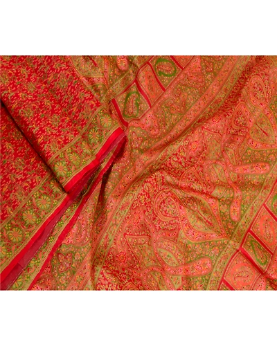 Sanskriti Vintage Sarees Red Pure Silk Printed Sari Floral Deco 5Yd Craft Fabric, PR-61487-Red-Printed Floral Design-Pure Silk-1