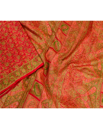 Sanskriti Vintage Sarees Red Pure Silk Printed Sari Floral Deco 5Yd Craft Fabric, PR-61487-Red-Printed Floral Design-Pure Silk-2