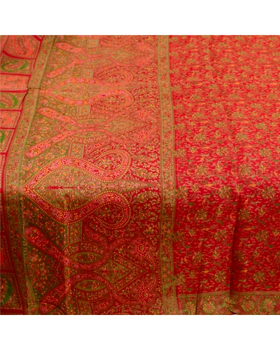 Sanskriti Vintage Sarees Red Pure Silk Printed Sari Floral Deco 5Yd Craft Fabric, PR-61487-Red-Printed Floral Design-Pure Silk-3