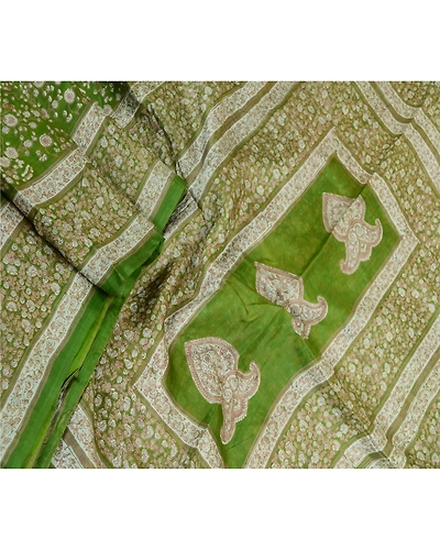 Sanskriti Vintage Sarees From India Green Pure Silk Printed Sari Craft Fabric, PR-61492-Green-Printed Floral Design-Pure Silk-1