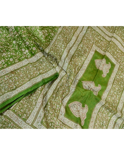 Sanskriti Vintage Sarees From India Green Pure Silk Printed Sari Craft Fabric, PR-61492-Green-Printed Floral Design-Pure Silk-2