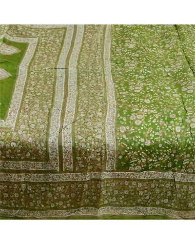 Sanskriti Vintage Sarees From India Green Pure Silk Printed Sari Craft Fabric, PR-61492-Green-Printed Floral Design-Pure Silk-3