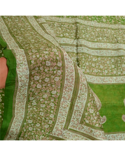 Sanskriti Vintage Sarees From India Green Pure Silk Printed Sari Craft Fabric, PR-61492-Green-Printed Floral Design-Pure Silk-5