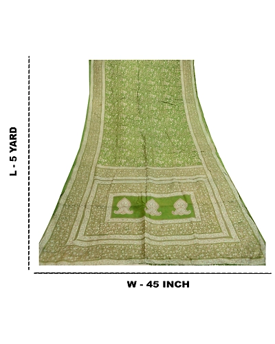 Sanskriti Vintage Sarees From India Green Pure Silk Printed Sari Craft Fabric, PR-61492-Green-Printed Floral Design-Pure Silk-8
