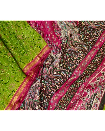 Sanskriti Vintage Sarees Green Pure Silk Printed Zari Border Sari Craft Fabric, PR-61510-Green-Printed Floral Design-Pure Silk-1