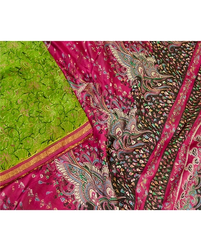 Sanskriti Vintage Sarees Green Pure Silk Printed Zari Border Sari Craft Fabric, PR-61510-Green-Printed Floral Design-Pure Silk-2