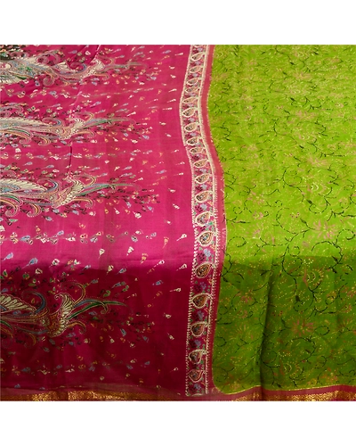 Sanskriti Vintage Sarees Green Pure Silk Printed Zari Border Sari Craft Fabric, PR-61510-Green-Printed Floral Design-Pure Silk-3