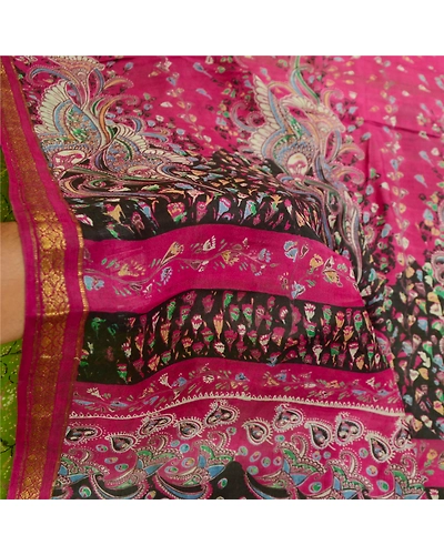 Sanskriti Vintage Sarees Green Pure Silk Printed Zari Border Sari Craft Fabric, PR-61510-Green-Printed Floral Design-Pure Silk-5