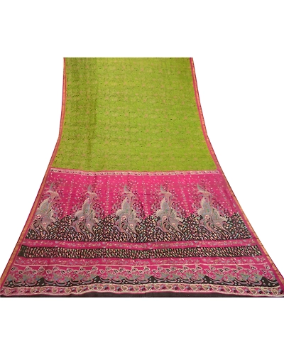 Sanskriti Vintage Sarees Green Pure Silk Printed Zari Border Sari Craft Fabric, PR-61510-Green-Printed Floral Design-Pure Silk-7