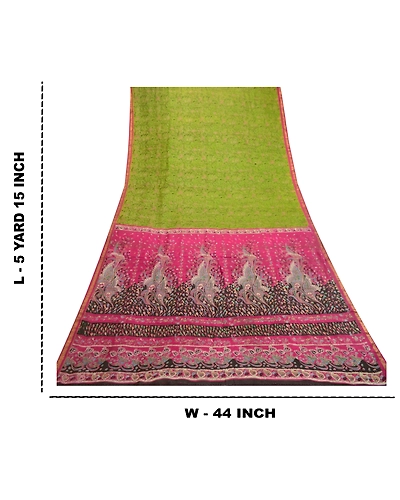Sanskriti Vintage Sarees Green Pure Silk Printed Zari Border Sari Craft Fabric, PR-61510-Green-Printed Floral Design-Pure Silk-8