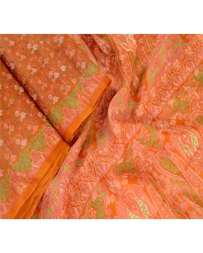 Sanskriti Vintage Sarees Saffron 100% Pure Silk Printed Sari Floral Craft Fabric, PR-61511-Saffron-Printed Floral Design-Pure Silk-1