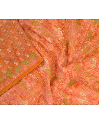 Sanskriti Vintage Sarees Saffron 100% Pure Silk Printed Sari Floral Craft Fabric, PR-61511-Saffron-Printed Floral Design-Pure Silk-2