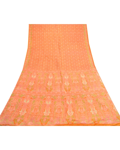 Sanskriti Vintage Sarees Saffron 100% Pure Silk Printed Sari Floral Craft Fabric, PR-61511-Saffron-Printed Floral Design-Pure Silk-7