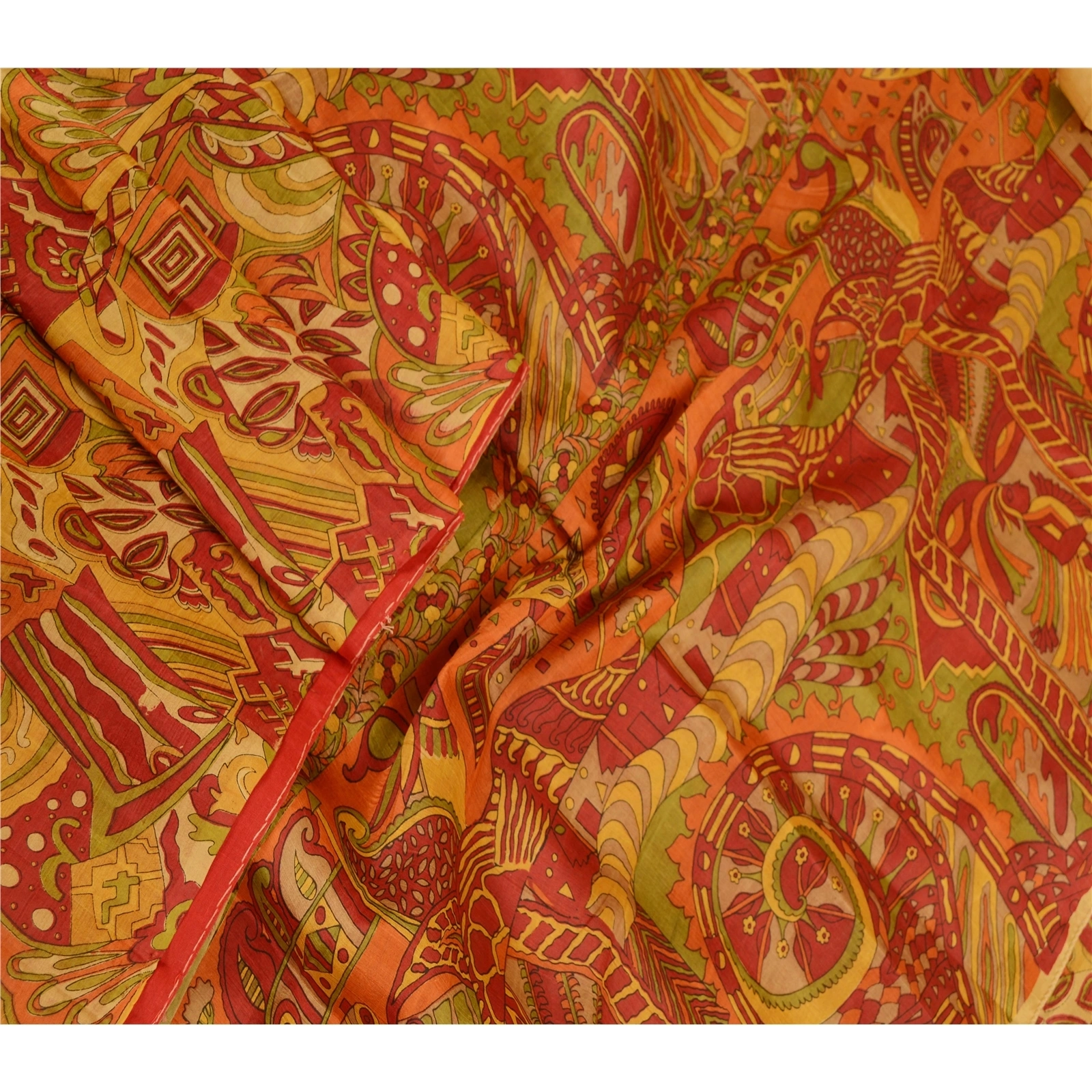 Sanskriti Vintage Sarees Red Indian 100% Pure Silk Printed Sari 5Yd Craft Fabric, PR-61524-Red-Printed Floral Design-Pure Silk-1