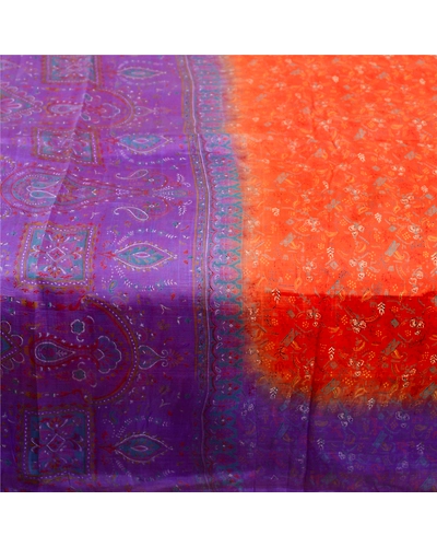 Sanskriti Vintage Sarees Orange Pure Silk Printed Sari Floral 5Yd Craft Fabric, PR-61532-Orange-Printed Floral Design-Pure Silk-3