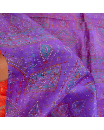 Sanskriti Vintage Sarees Orange Pure Silk Printed Sari Floral 5Yd Craft Fabric, PR-61532-Orange-Printed Floral Design-Pure Silk-5
