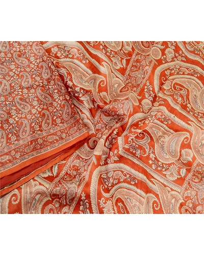 Sanskriti Vintage Sarees Orange Indian Pure Silk Printed Sari Soft Craft Fabric, PR-61539-Orange-Printed Floral Design-Pure Silk-2