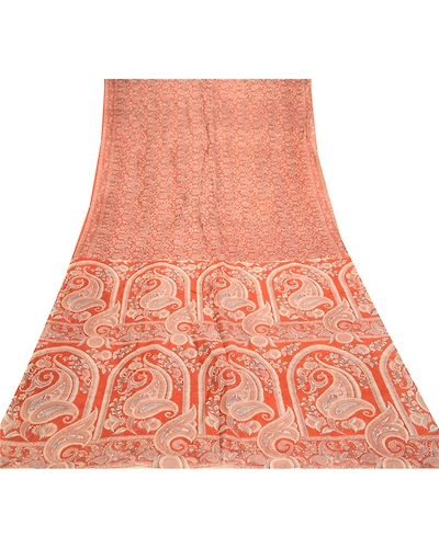 Sanskriti Vintage Sarees Orange Indian Pure Silk Printed Sari Soft Craft Fabric, PR-61539-Orange-Printed Floral Design-Pure Silk-7