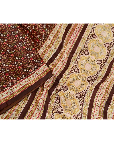 Sanskriti Vintage Sarees Brown Indian Pure Silk Printed Sari Soft Craft Fabric, PR-61541-Brown-Printed Floral Design-Pure Silk-2