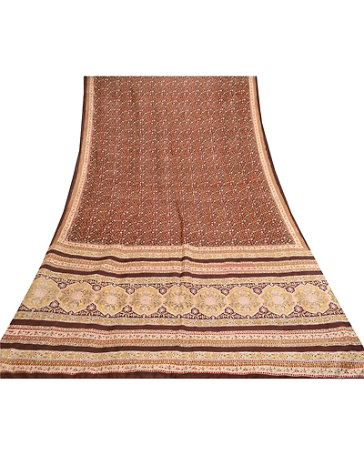 Sanskriti Vintage Sarees Brown Indian Pure Silk Printed Sari Soft Craft Fabric, PR-61541-Brown-Printed Floral Design-Pure Silk-7