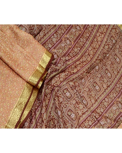 Sanskriti Vintage Sarees Brown Pure Silk Printed Zari Border Sari Craft Fabric, PR-61544-Brown-Printed Floral Design-Pure Silk-1