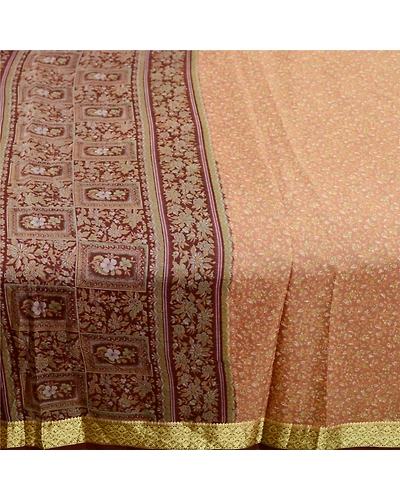 Sanskriti Vintage Sarees Brown Pure Silk Printed Zari Border Sari Craft Fabric, PR-61544-Brown-Printed Floral Design-Pure Silk-3