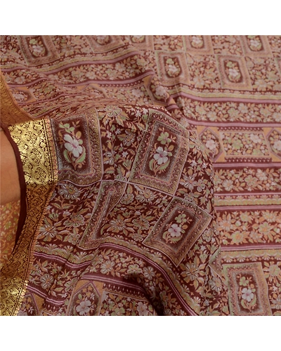 Sanskriti Vintage Sarees Brown Pure Silk Printed Zari Border Sari Craft Fabric, PR-61544-Brown-Printed Floral Design-Pure Silk-5