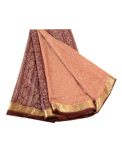 Sanskriti Vintage Sarees Brown Pure Silk Printed Zari Border Sari Craft Fabric, PR-61544-Brown-Printed Floral Design-Pure Silk-6