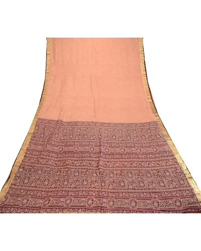 Sanskriti Vintage Sarees Brown Pure Silk Printed Zari Border Sari Craft Fabric, PR-61544-Brown-Printed Floral Design-Pure Silk-7