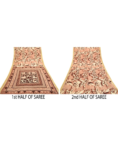 Sanskriti Vintage Sarees Brown Pure Silk Printed Zari Border Sari Craft Fabric, PR-61556-Brown-Printed Floral Design-Pure Silk-4
