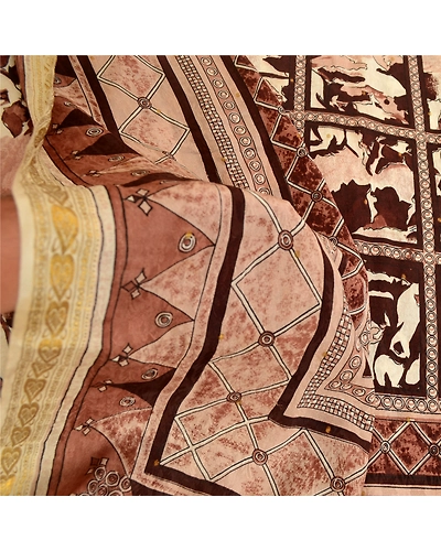 Sanskriti Vintage Sarees Brown Pure Silk Printed Zari Border Sari Craft Fabric, PR-61556-Brown-Printed Floral Design-Pure Silk-5