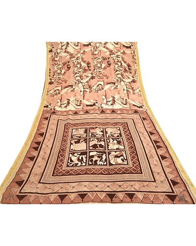 Sanskriti Vintage Sarees Brown Pure Silk Printed Zari Border Sari Craft Fabric, PR-61556-Brown-Printed Floral Design-Pure Silk-7