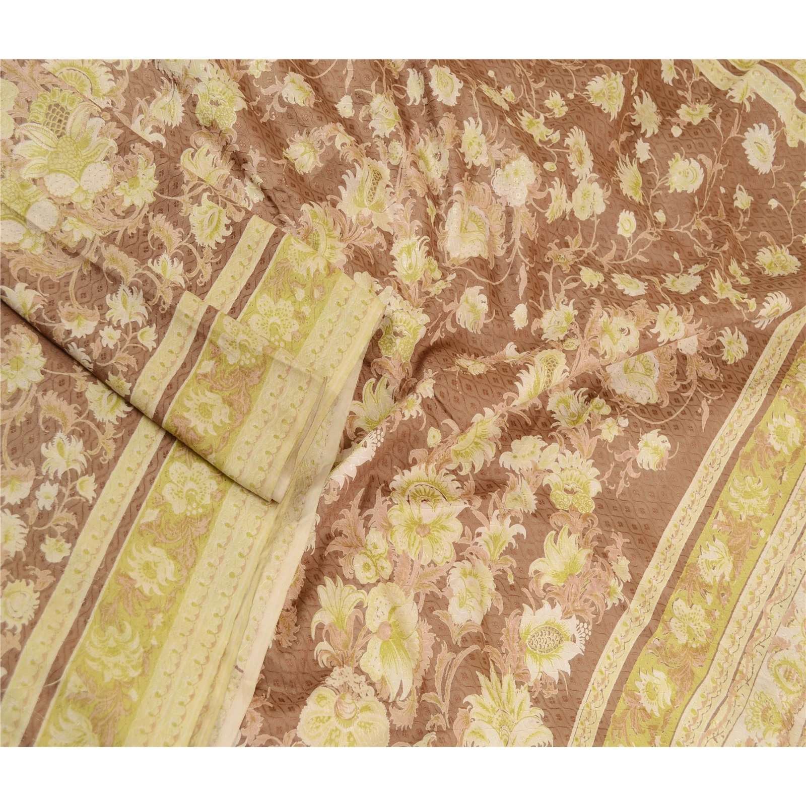 Sanskriti Vintage Sarees Brown 100% Pure Silk Printed Sari 5Yd Soft Craft Fabric, PR-61560-Brown-Printed Floral Design-Pure Silk-1