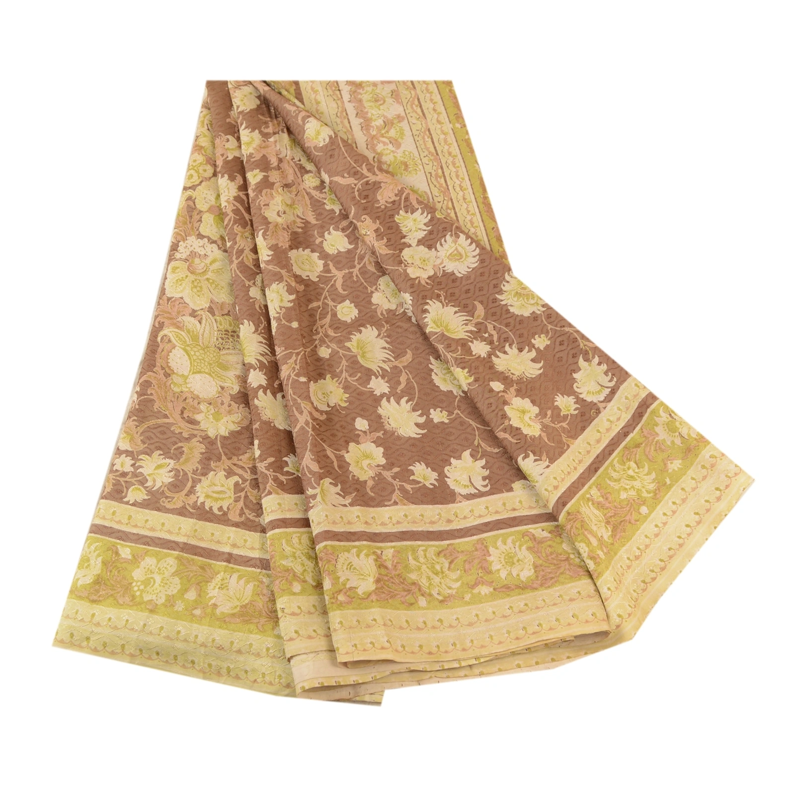 Sanskriti Vintage Sarees Brown 100% Pure Silk Printed Sari 5Yd Soft Craft Fabric, PR-61560-Brown-Printed Floral Design-Pure Silk-6