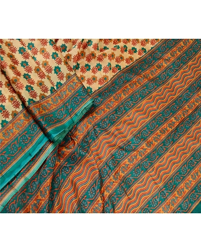 Sanskriti Vintage Sarees Beige 100% Pure Silk Printed Sari Floral Craft Fabric, PR-61567-Beige-Printed Floral Design-Pure Silk-1