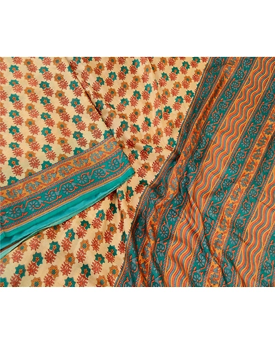 Sanskriti Vintage Sarees Beige 100% Pure Silk Printed Sari Floral Craft Fabric, PR-61567-Beige-Printed Floral Design-Pure Silk-2